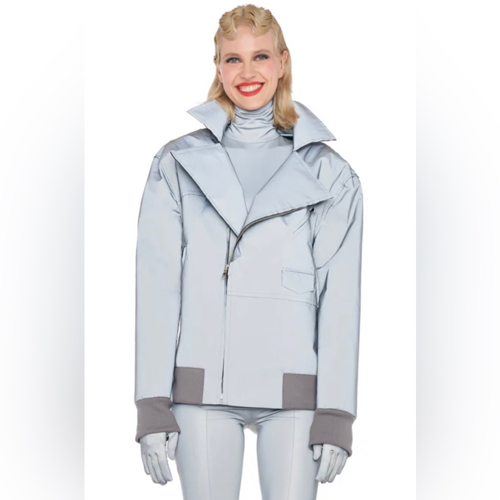 Norma Kamali Reflective Silver Gray Oversized Moto Jacket - Picture 2 of 10